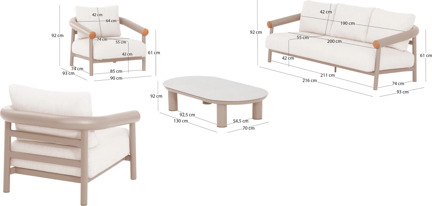 Set lounge për jashtë, 4 pjesë, Eutopia CD6237.02, alumin krem i bardhë, stof OLEFIN bezhë, tavolinë xhami e printuar gri
