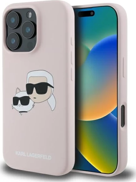 Mbështjellës Karl Lagerfeld Silicone Case Heads Print MagSafe për iPhone 16 Pro, Rozë