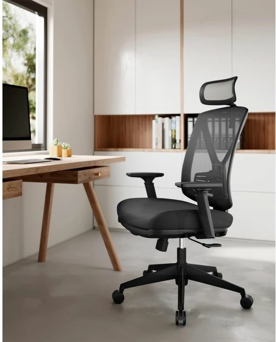 Karrige zyre SONGMICS OBN61BKV1 ergonomike me mbështetëse këmbësh, 150 kg, e zezë