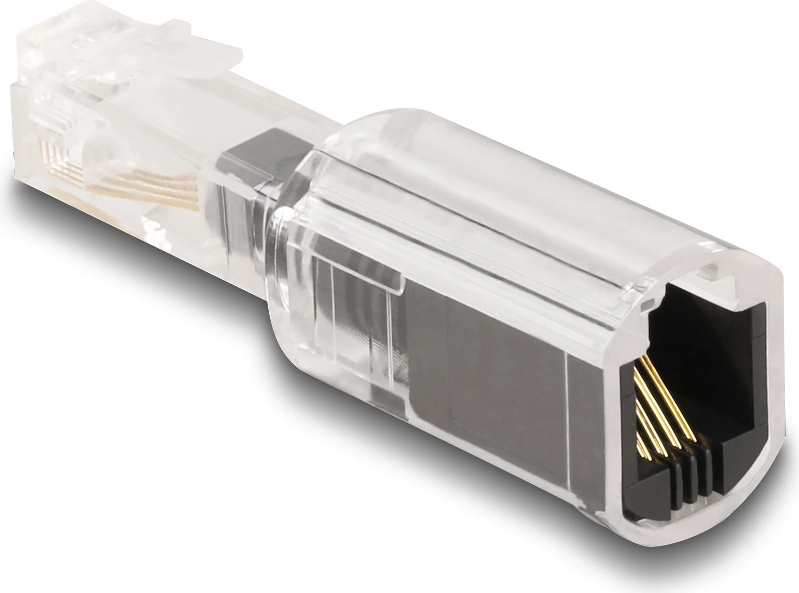 Adapter kundër përdredhjes për kabllo telefoni DeLOCK, RJ10 mashkull në RJ10 femër, transparent/zi