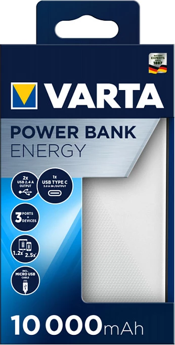 Power bank VARTA Energy 10000 mAh, 2x USB-A + USB-C, LED indikator, bardhë/zi