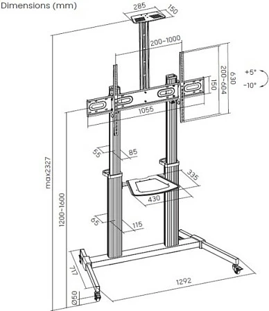 Karrocë për TV EQUIP 650631, mbajtëse dyshemeje me rrota, 60"-100", VESA 1000x600, 100 kg, e zezë