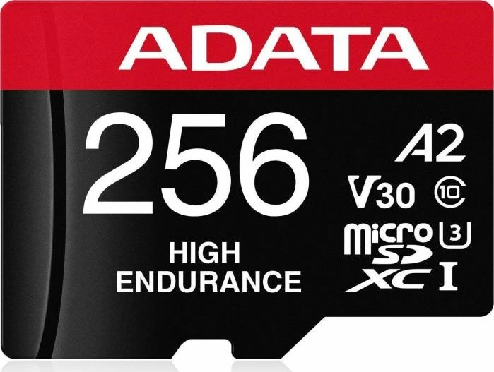 Kartelë memorje ADATA High Endurance microSDXC 256GB Class 10 UHS-I/U3 A2 V30 (AUSDX256GUI3V30SHA2-RA1), e zezë/kuqe, me adapter SD