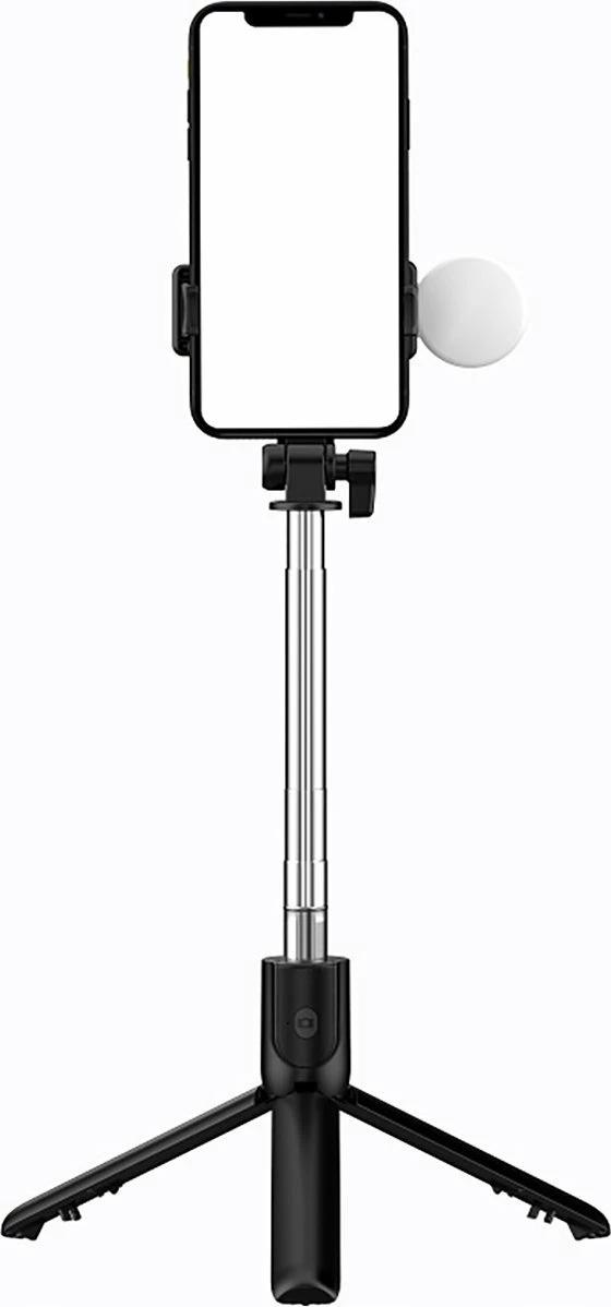 Selfie stick Hurtel WH1YXS teleskopik tripod 103 cm me llambë rrethore LED, mbajtës telefoni dhe Bluetooth remote, i zi