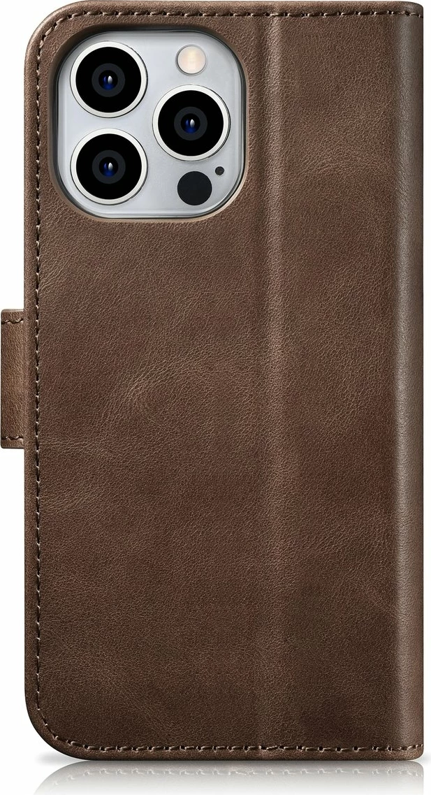 Mbështjellës iCarer Oil Wax Wallet 2in1 për iPhone 14 Pro, lëkurë natyrale, kafe