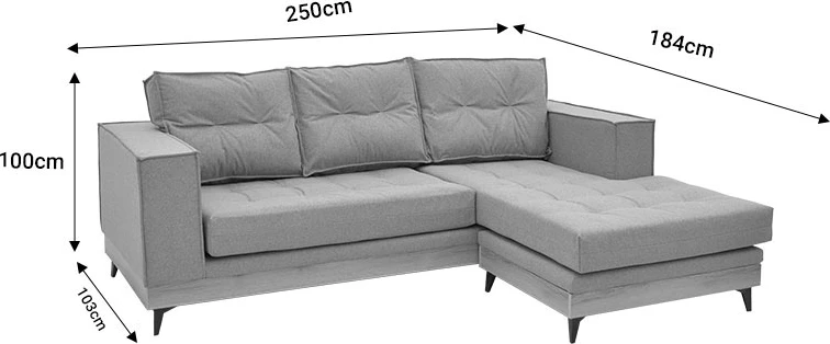 Divan qoshe i kthyeshëm Mirabel, pëlhurë gri-dru natyral, 250x184x100cm