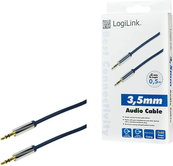 Kabllo audio LogiLink, 3.5mm (3-pin) M-M, 0.5m, metal, kaltër