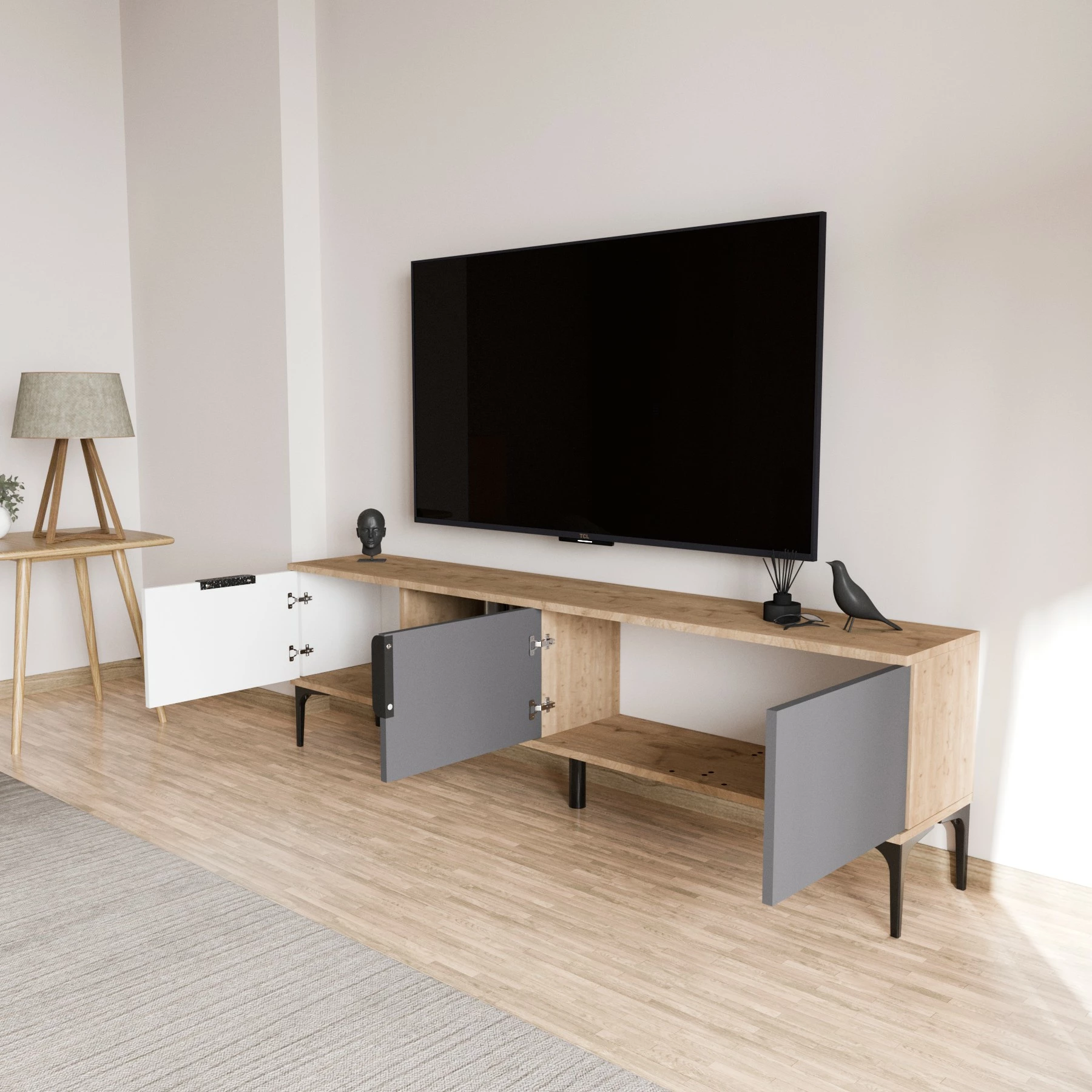 Komodë TV, ngjyrë e bardhë, antracit, lis, Skye Decor, Tarz
