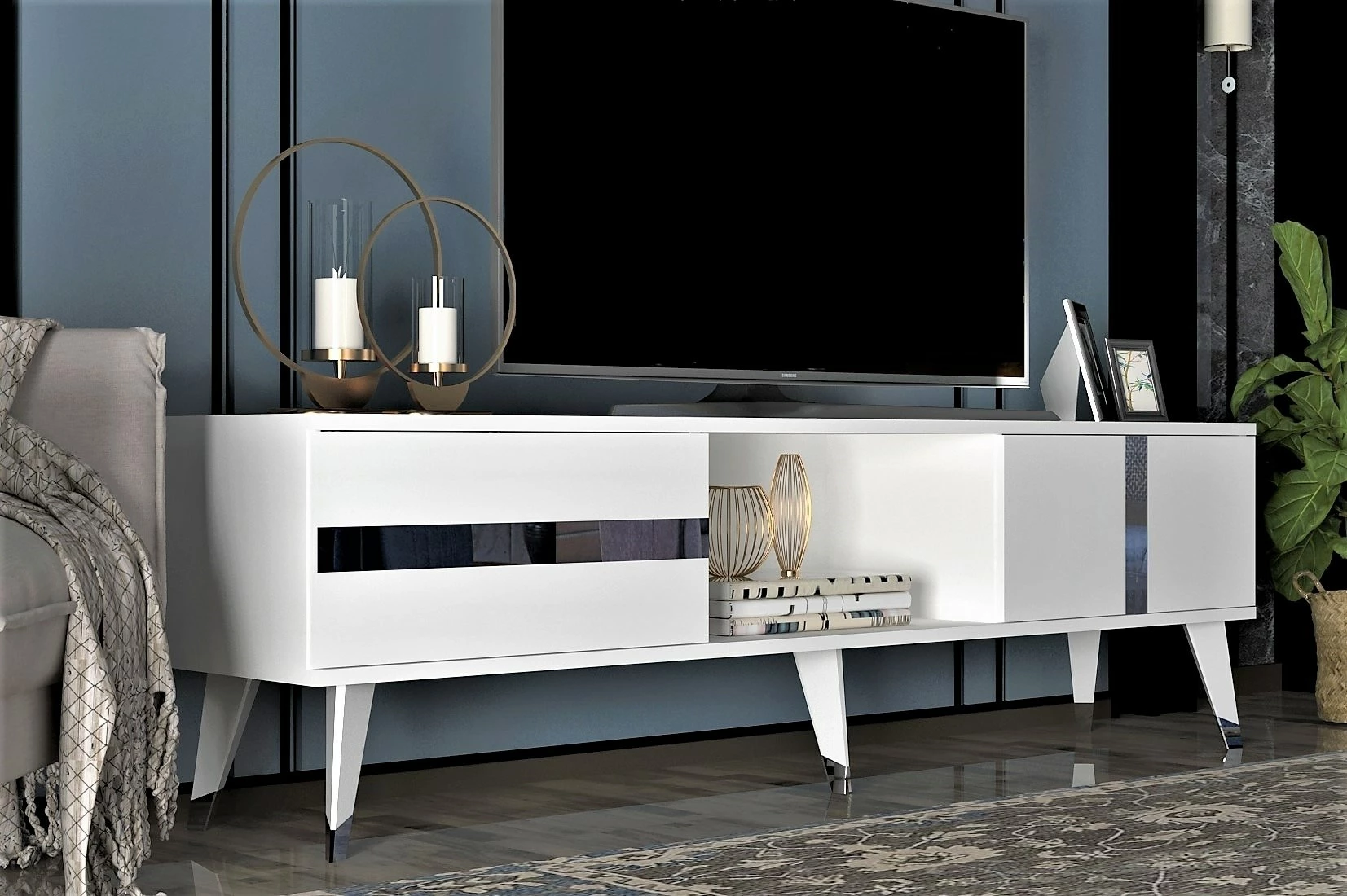Komodë TV Skye Decor, Vania, e bardhë, argjend