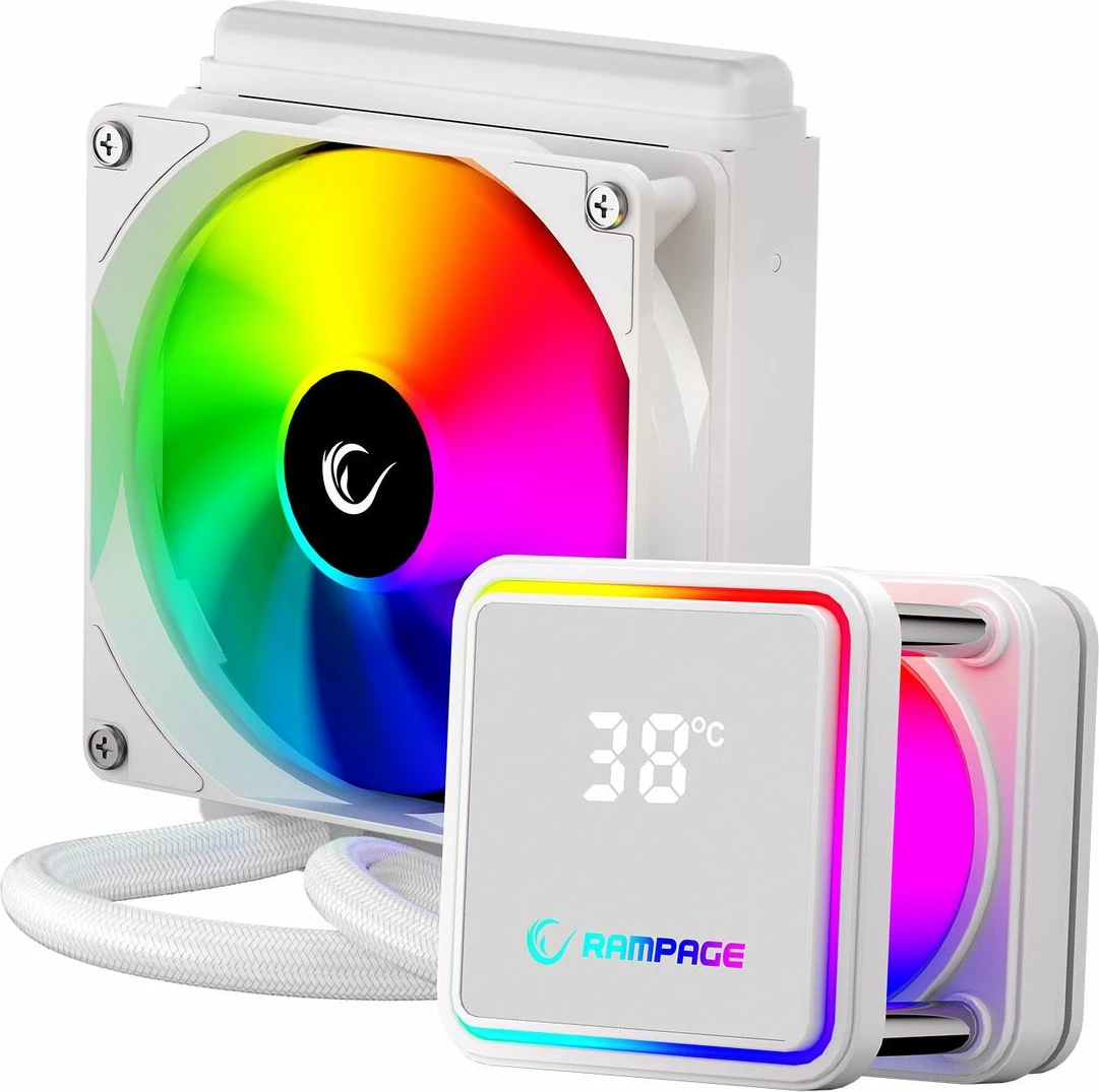 Ftohës uji AIO Rampage INFINITE V120 120 mm ARGB me ekran temperature, i bardhë
