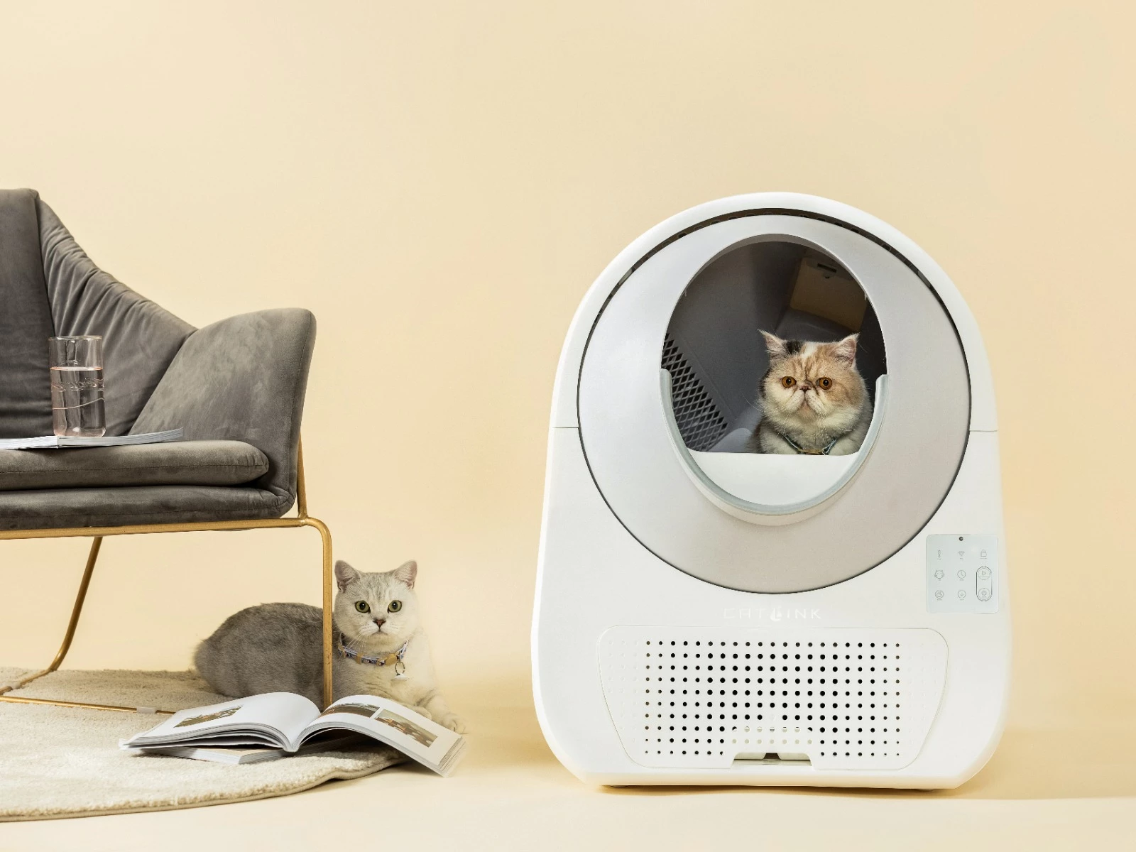 Kuti inteligjente vetëpastruese për rërë maceje Catlink Luxury Pro-X 57 L, 13 L depo mbetjesh, e bardhë, set me 3 qese + 2 filtra