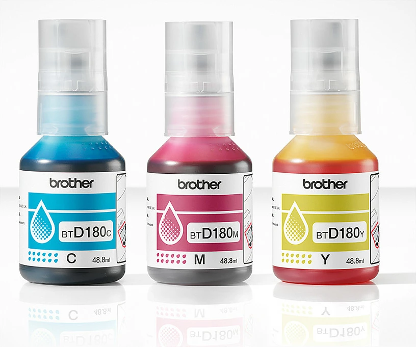 Bojë originale Brother BTD180CLVAL, shishe boje CMY, 3 copë, 5000 faqe, për DCP-T580DW/T583DW/T780DW, Cyan/Magenta/Yellow