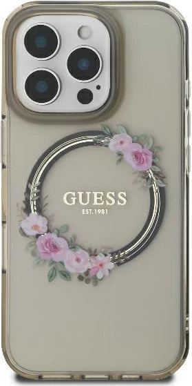 Mbështjellës Guess Flowers Wreath MagSafe për iPhone 16 Pro, 6.3", i zi