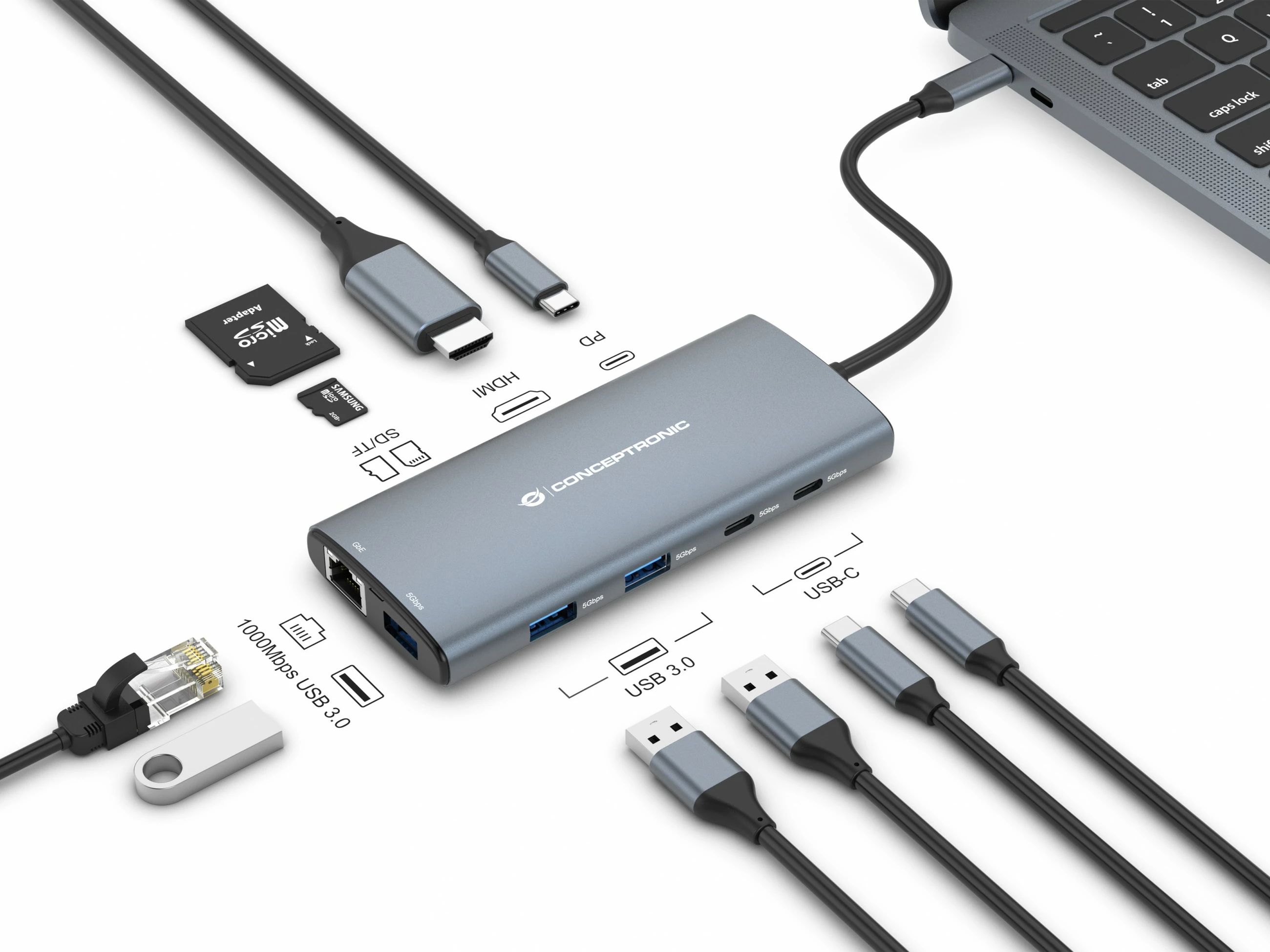 Dock Conceptronic 10-1 USB-C HDMI 2xUSB-C 3xUSB-A 20cm gri