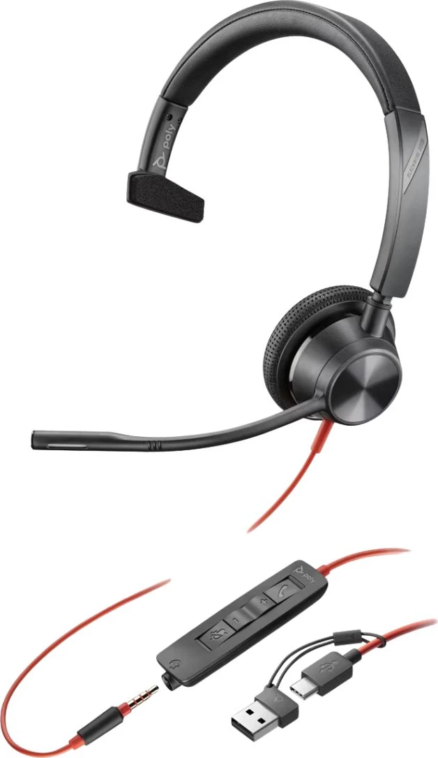 Kufje me mikrofon, Poly Blackwire 3315 (8X217AA), me kabllo, mono on-ear, 3.5 mm + USB-A, e zezë