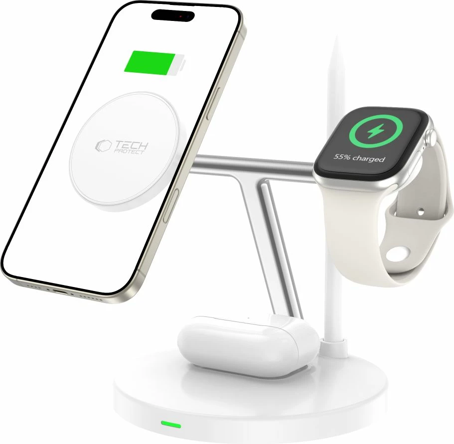 Karikues induktiv 3-në-1 Tech-Protect QI15W-A35 me MagSafe, për iPhone, AirPods, Apple Watch, Bardhë