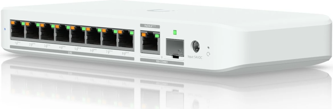Switch Ubiquiti UniFi Flex 2.5G PoE, 8 porta 2.5G, 1 portë 10G, desktop/mur, i bardhë
