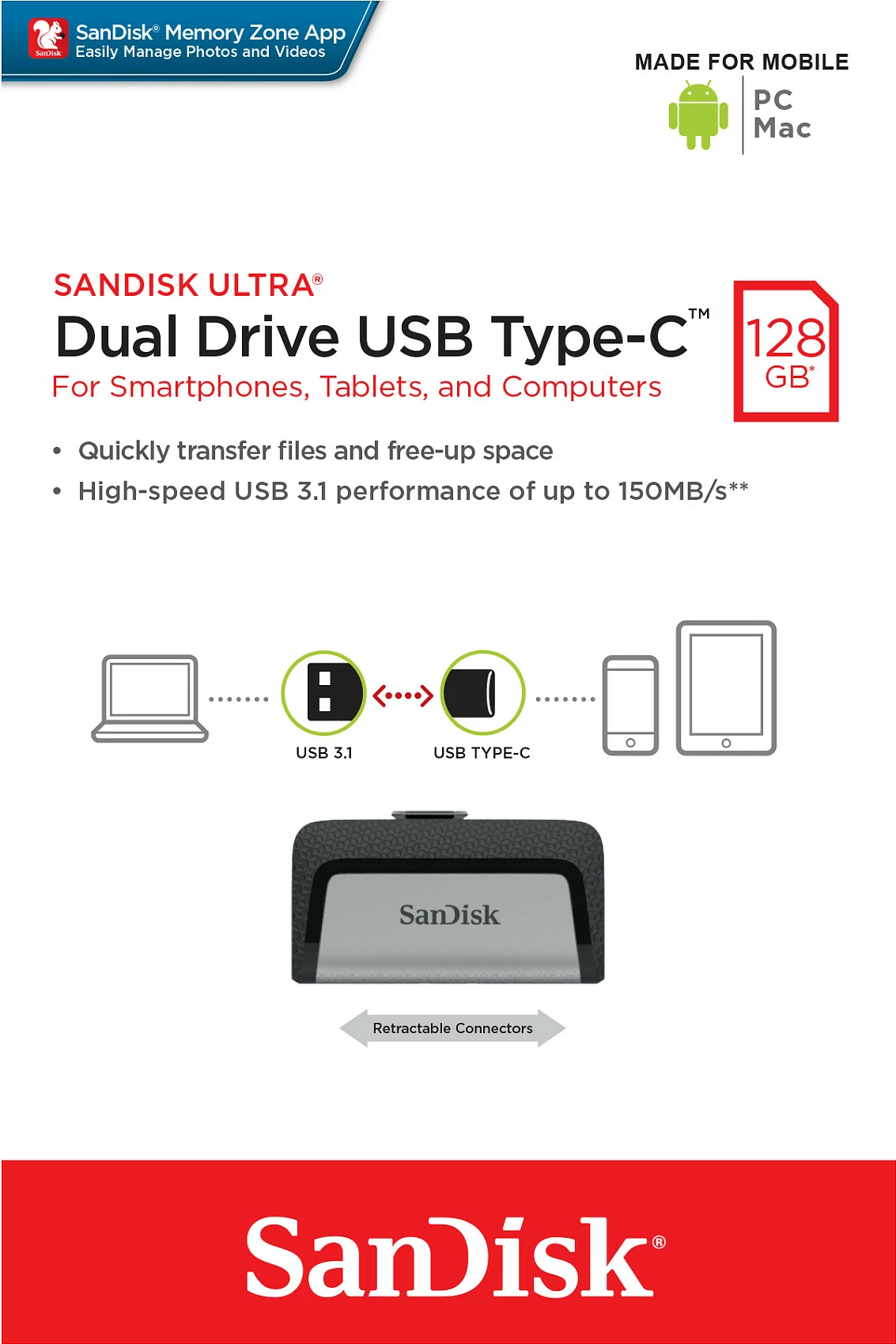 USB flash SanDisk Ultra Dual Drive, 128GB, USB Type-A/Type-C, e zezë/argjendtë