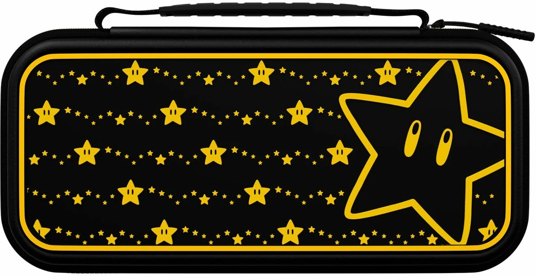Kasë udhëtimi PDP Switch Travel Case Plus Super Star Glow in the Dark, kompatibile me Nintendo Switch/Lite/OLED, e zezë me të verdhë