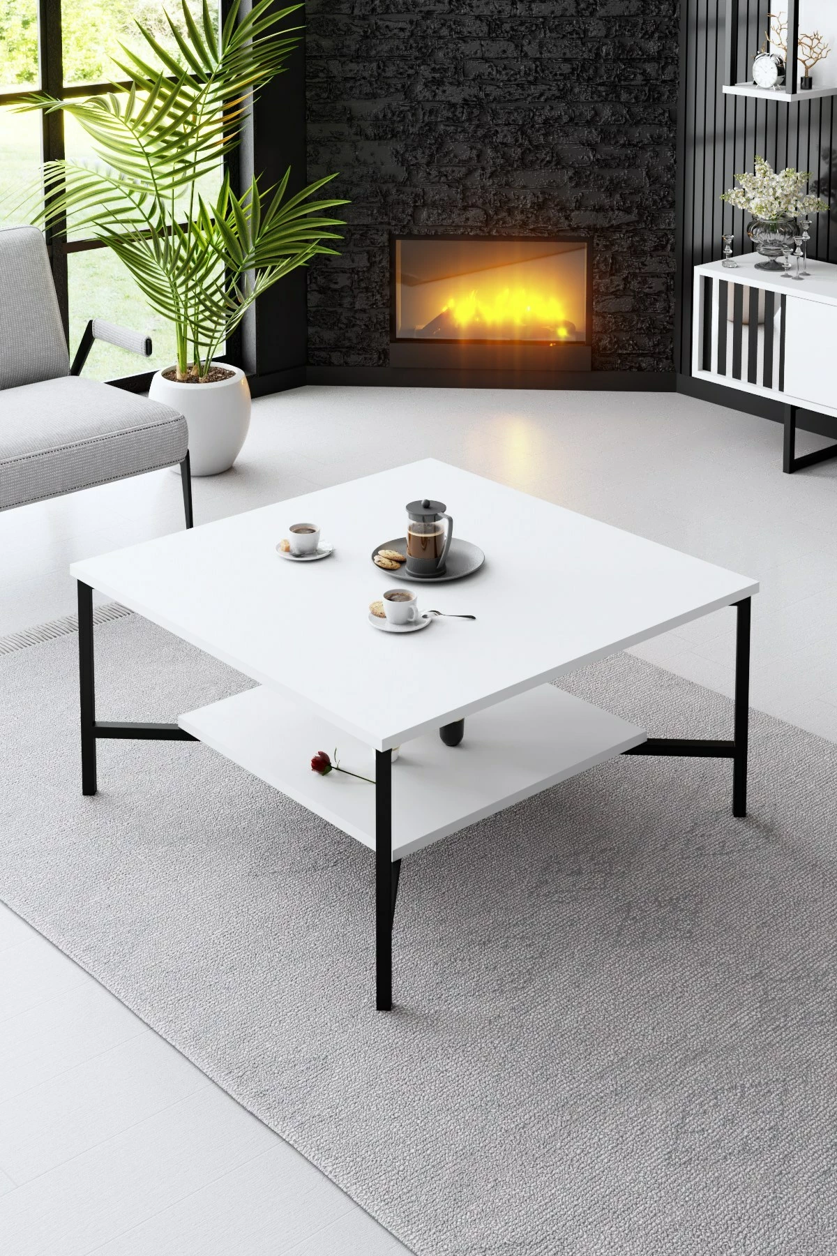 Set mobiljesh për dhomë dite Hanah Home, Black Line, e bardhë, e zezë