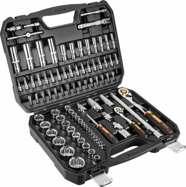 Set veglash NEO 10-060, 86 copë, 1/2" & 1/4" ratchet, kasetë plastike, zi/portokalli