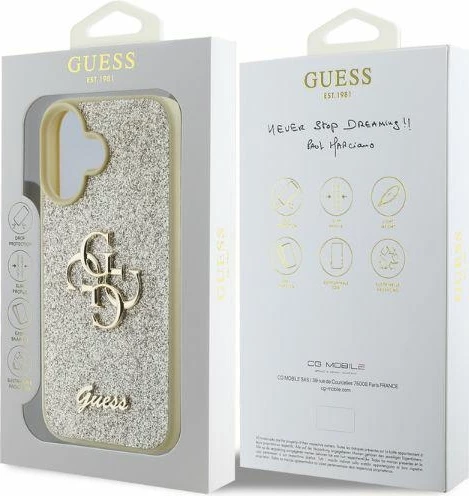 Mbështjellës Guess Fixed Glitter Big 4G për iPhone 16, Ari