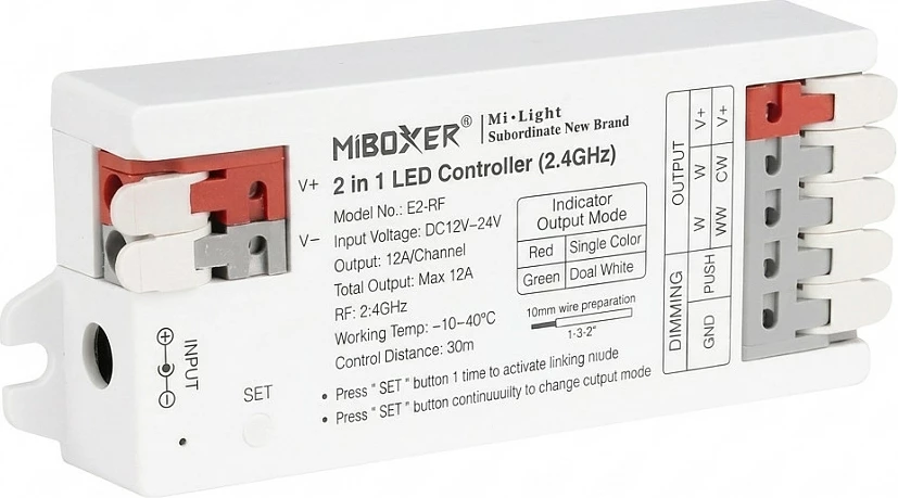 Kontroller LED Miboxer E2-RF, 2.4GHz, 2n1 Single Color/CCT, DC 12-24V, i bardhë
