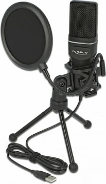 Mikrofon USB kondensator DeLOCK, 16-bit/44.1 kHz, me tripod, shock mount dhe pop filter, i zi