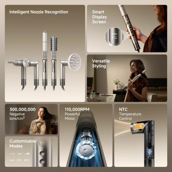 Tharëse flokësh dhe stilues DREAME Dazzle AZD20A, motor 110,000 RPM, jonizim 300 milion, ekran digjital, set me 5 shtojca magnetike, argjendtë