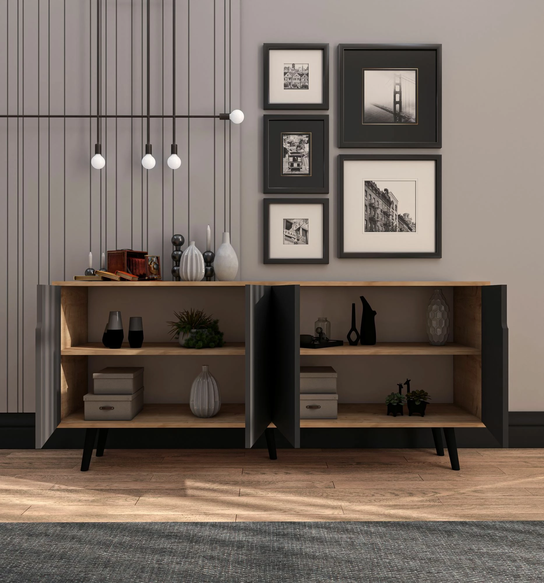 Konsolë moderne Skye Decor, Latina 180, ngjyrë lis safir dhe antracit