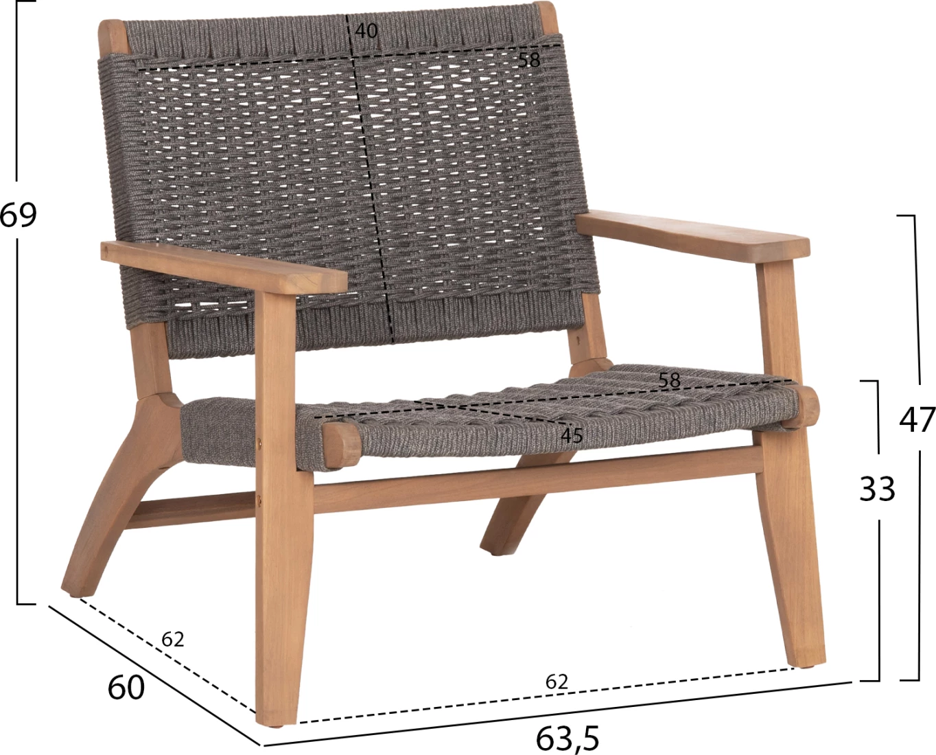 Karrige lounge Monter, dru akacie natyral, litar gri, 78x62x67cm