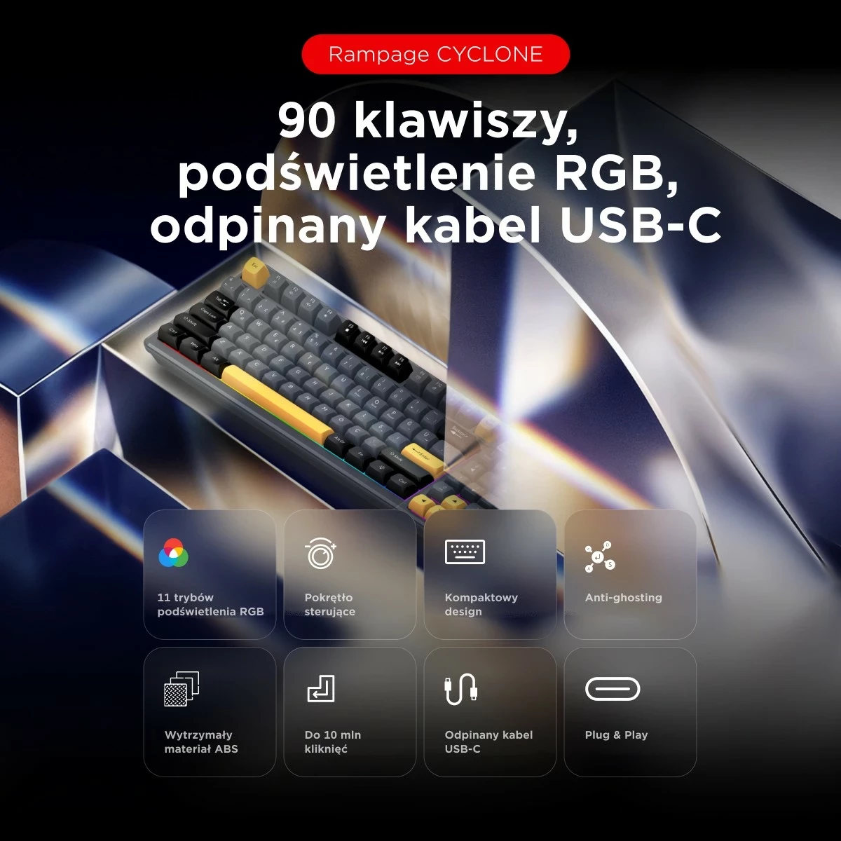 Tastierë gaming Rampage CYCLONE KNOB RGB 90%, 90 tasta, USB-C, e zezë
