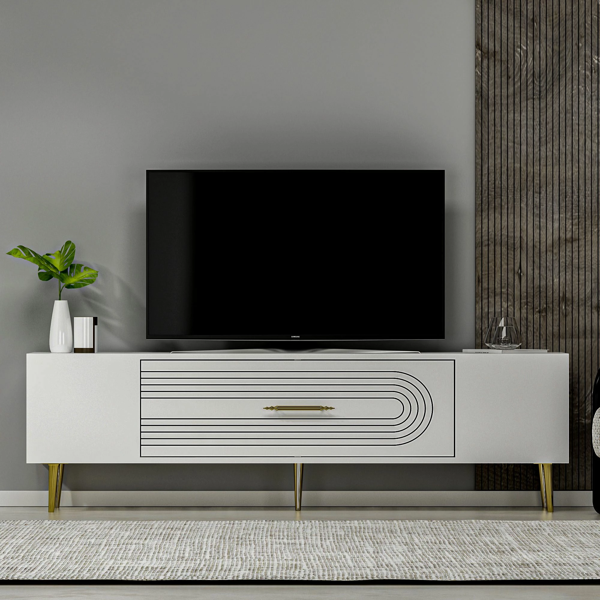 Komodë TV Skye Decor, e bardhë, e artë, Dekol3