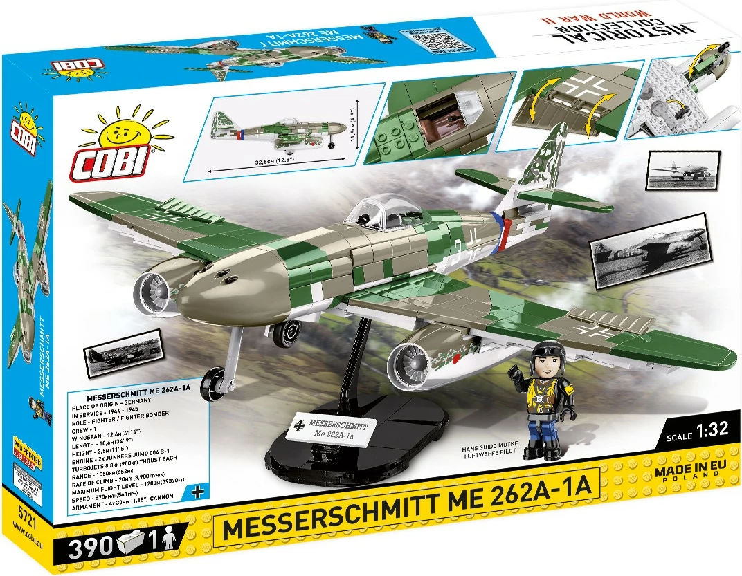 Set ndërtimi Cobi Klocki Messerschmitt Me262 A-1a, 390 pjesë, me figurë piloti, Jeshile/Gri
