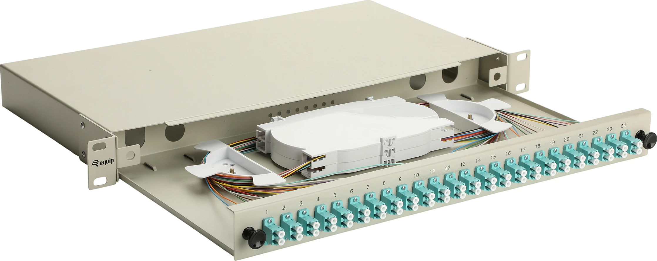 Kuti splice fiber optike Equip 337213, 24-Port, LC Duplex, OM3, 1U Rack, e hirtë