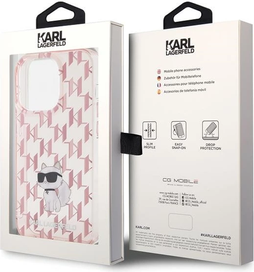 Mbështjellës, Karl Lagerfeld, Monogram Choupette, për iPhone 15 Pro Max, hardcase TPU/PC, rozë