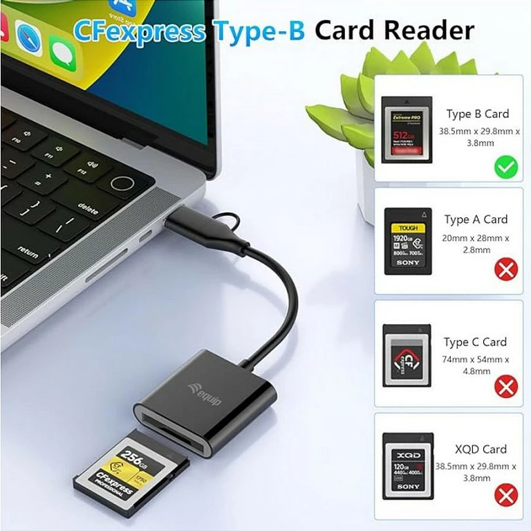 Card reader EQUIP 245461 për CFexpress 2.0 Type B, USB-C/USB-A 10Gbps, i zi