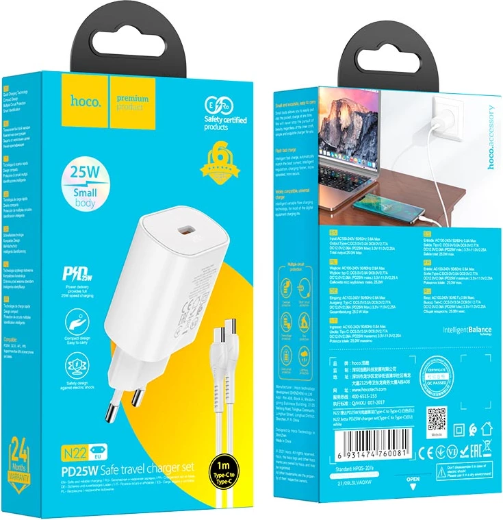 Karikues muri HOCO Jetta N22 PD 25W USB-C, me kabllo USB-C në Lightning 1m, i bardhë