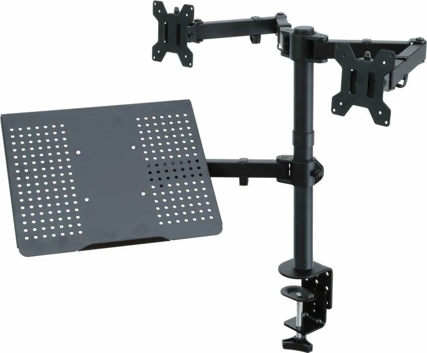 Mbajtës tavoline për 2 monitorë Art RAMM L-25 13–27\", VESA 100x100, max 10 kg, me raf për laptop, i zi