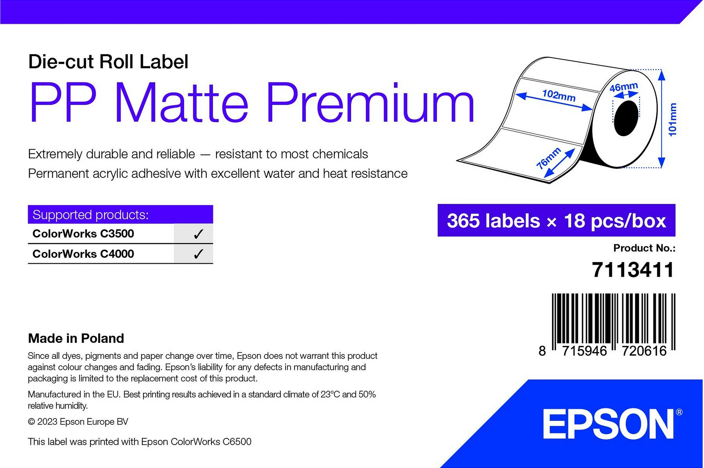 Etiketa për printer Epson PP Matte Premium, 102x76mm, 18 rrotulla x 365 etiketa, të bardha