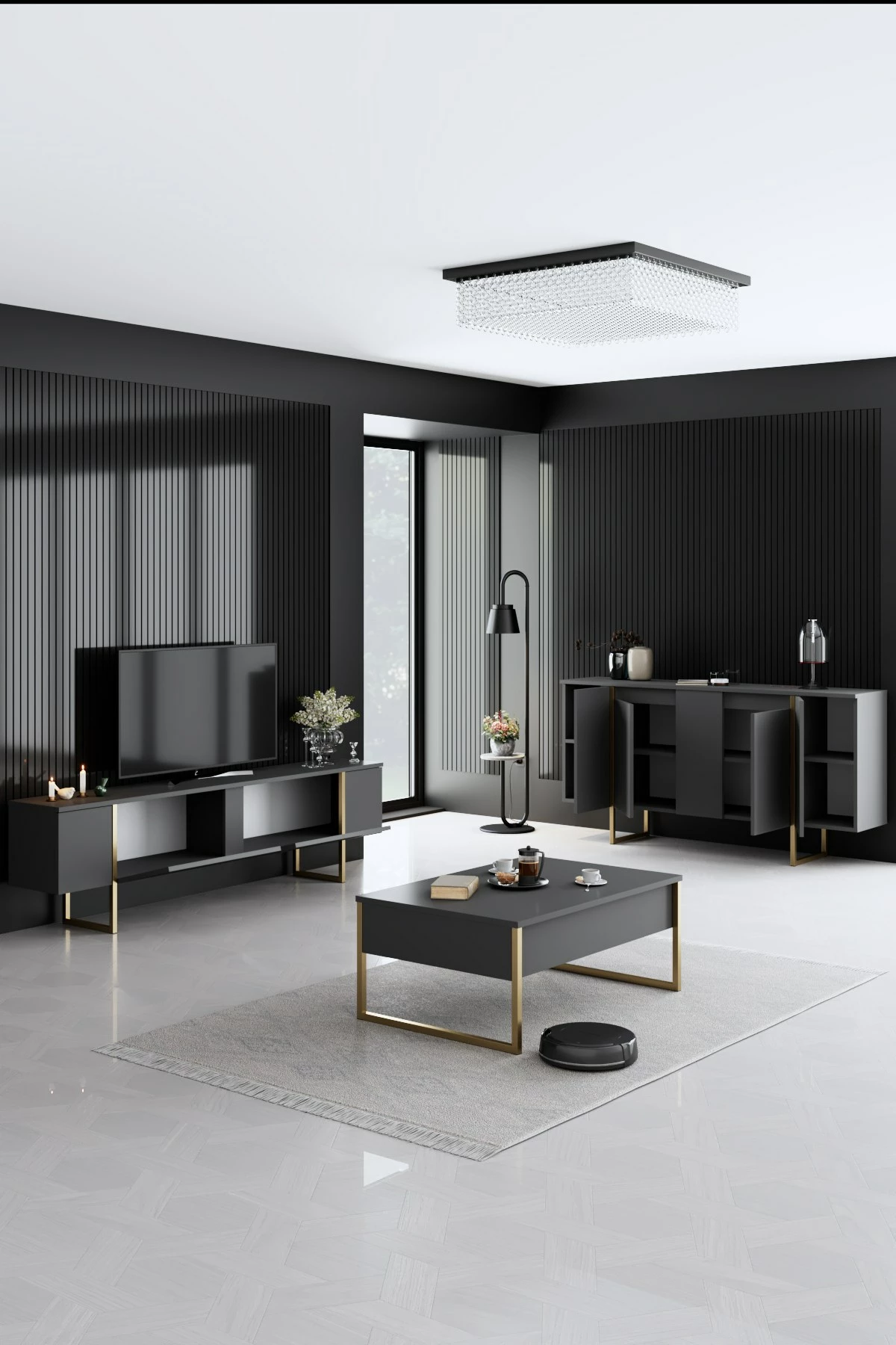Set mobiljesh për dhomë dite, Luxe, antracit, ari