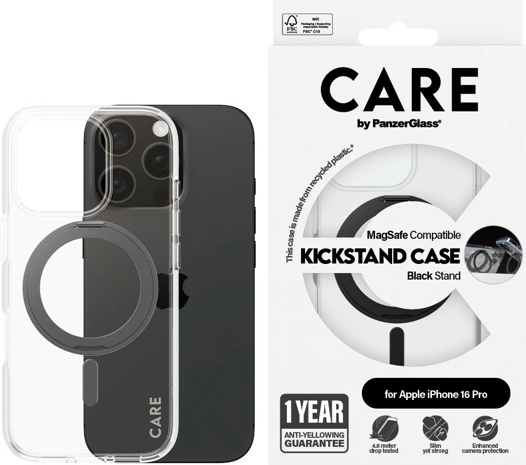 Mbështjellës PanzerGlass CARE Case, MagSAFE, për iPhone 16 Pro, transparent me këmbëz