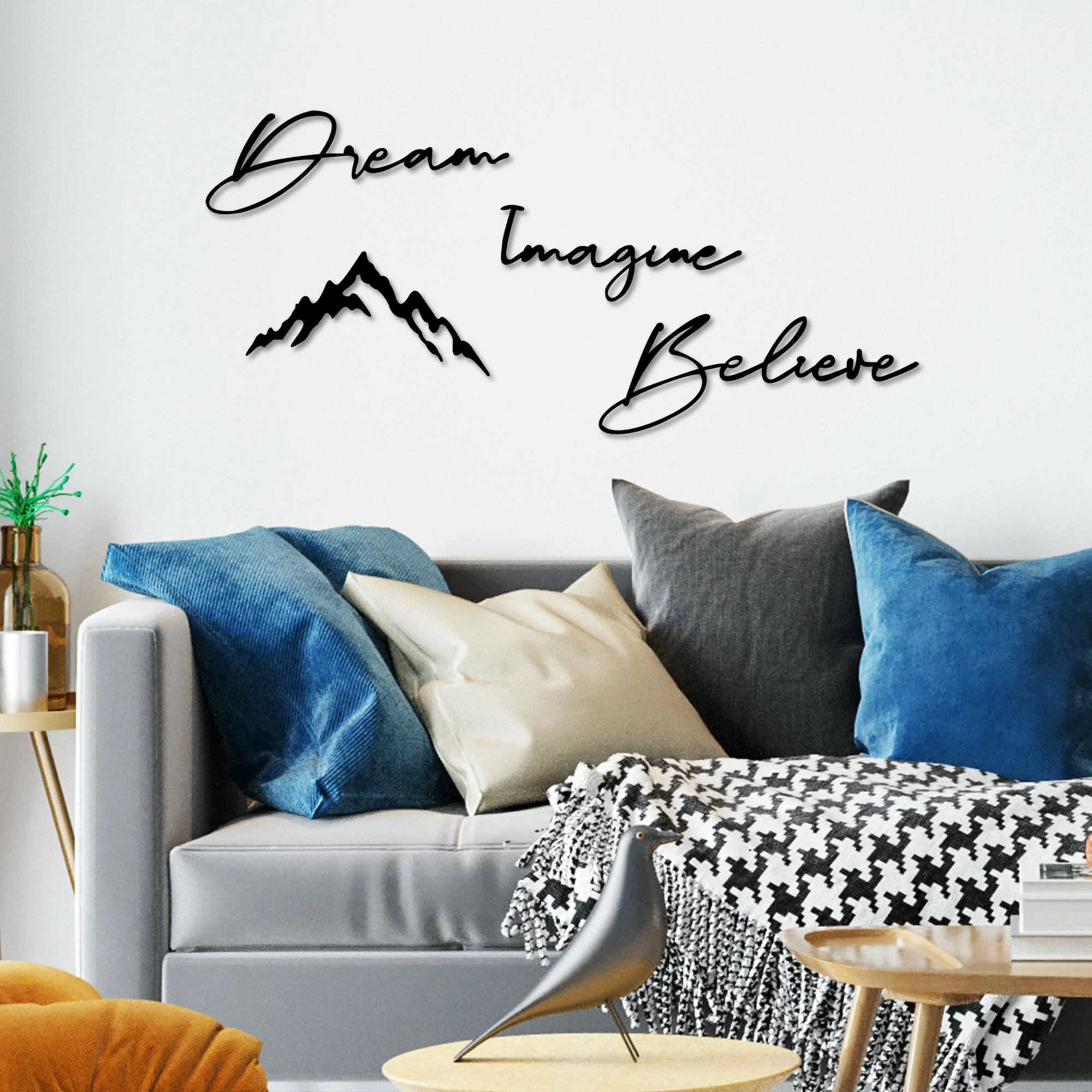 Aksesor dekorativ metalik për mur, Dream Imagine Believe, set prej 4 pjesësh