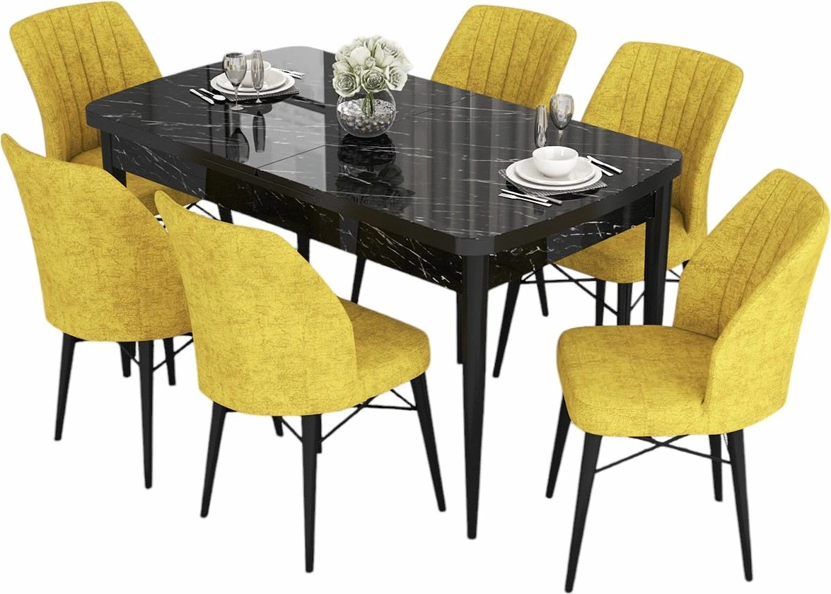 Set tavolinë me karrige për ngrënie, e zgjatshme, 7 copë, Skye Decor, sipërfaqe mermeri të zi, karrige ngjyrë mustardë