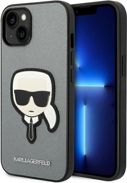 Mbështjellës Karl Lagerfeld KLHCP14SSAPKHG për iPhone 14 6.1", Saffiano Karl's Head Patch, argjend