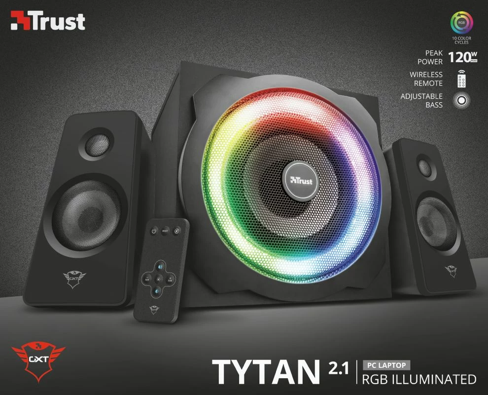 Altoparlantë kompjuteri Trust GXT 629 Tytan 2.1 60W RMS, RGB, të zeza, me telekomandë wireless