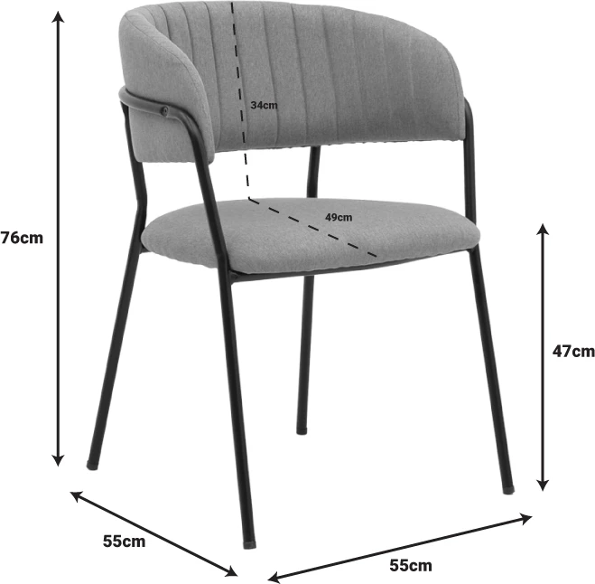 Karrige Morel, stof gri, këmbë metalike të zeza, 55x55x76cm, set prej 2 copësh