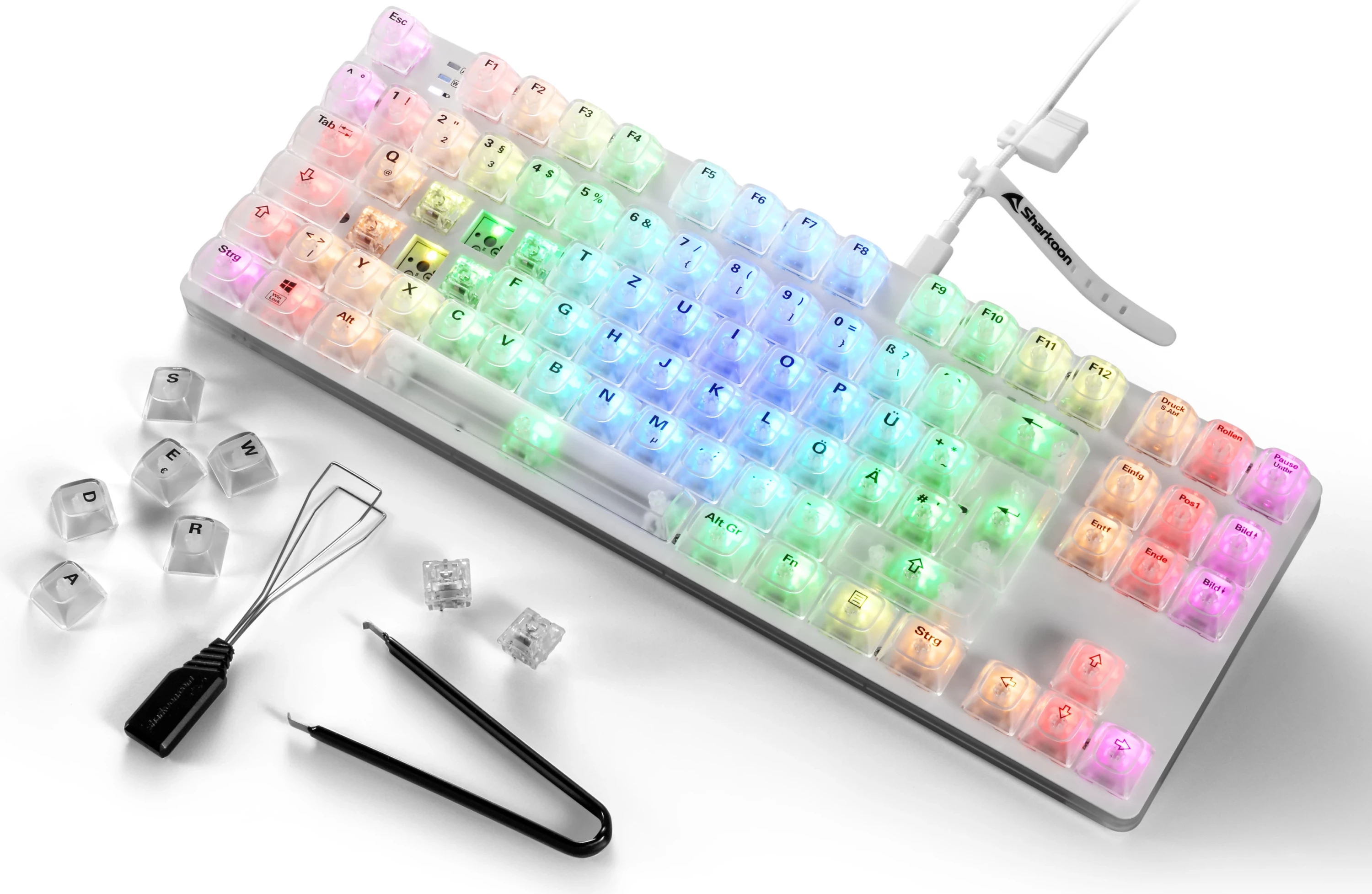Tastierë gaming Sharkoon Crystal Shark, DE, RGB, e bardhë