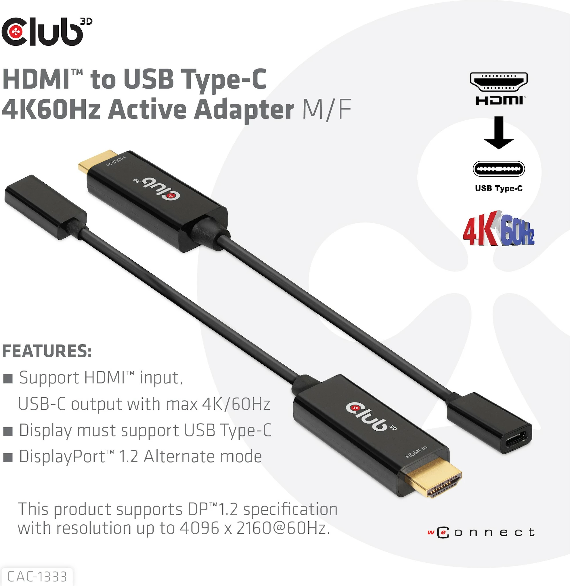 Adapter Club3D HDMI 2.0 në USB-C 4K60Hz, 0.22m, i zi