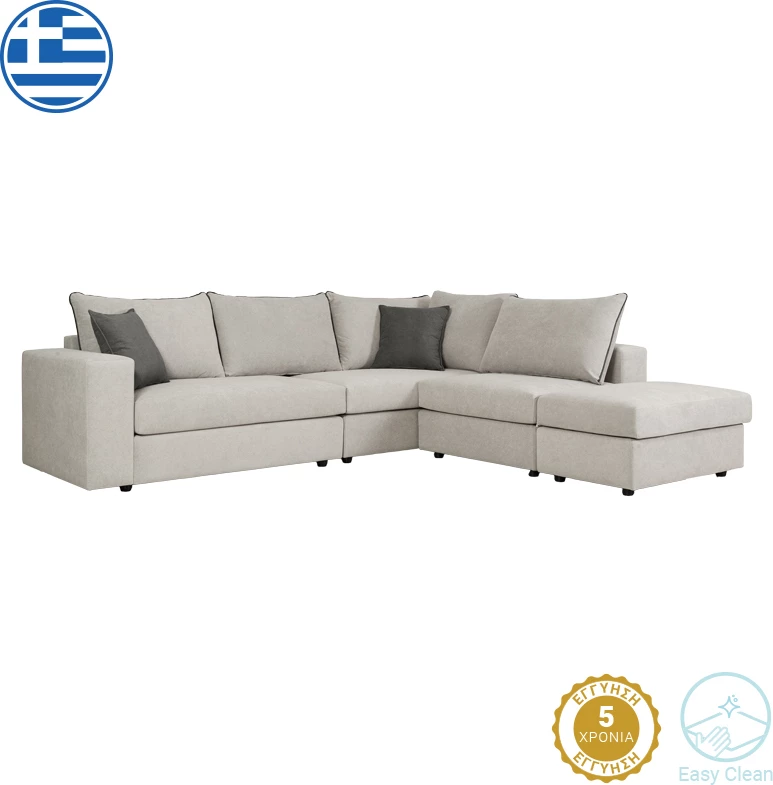 Divan polimorfik London, pëlhurë e çelur gri, jastëkë gri, 296x246x95 cm